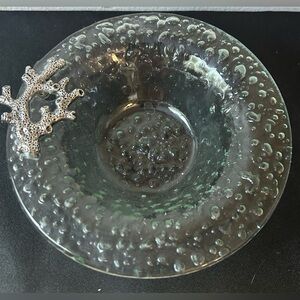 Mud Pie Fuji Glass Decorative Bowl Serving Dish Attached coral reef metal piece